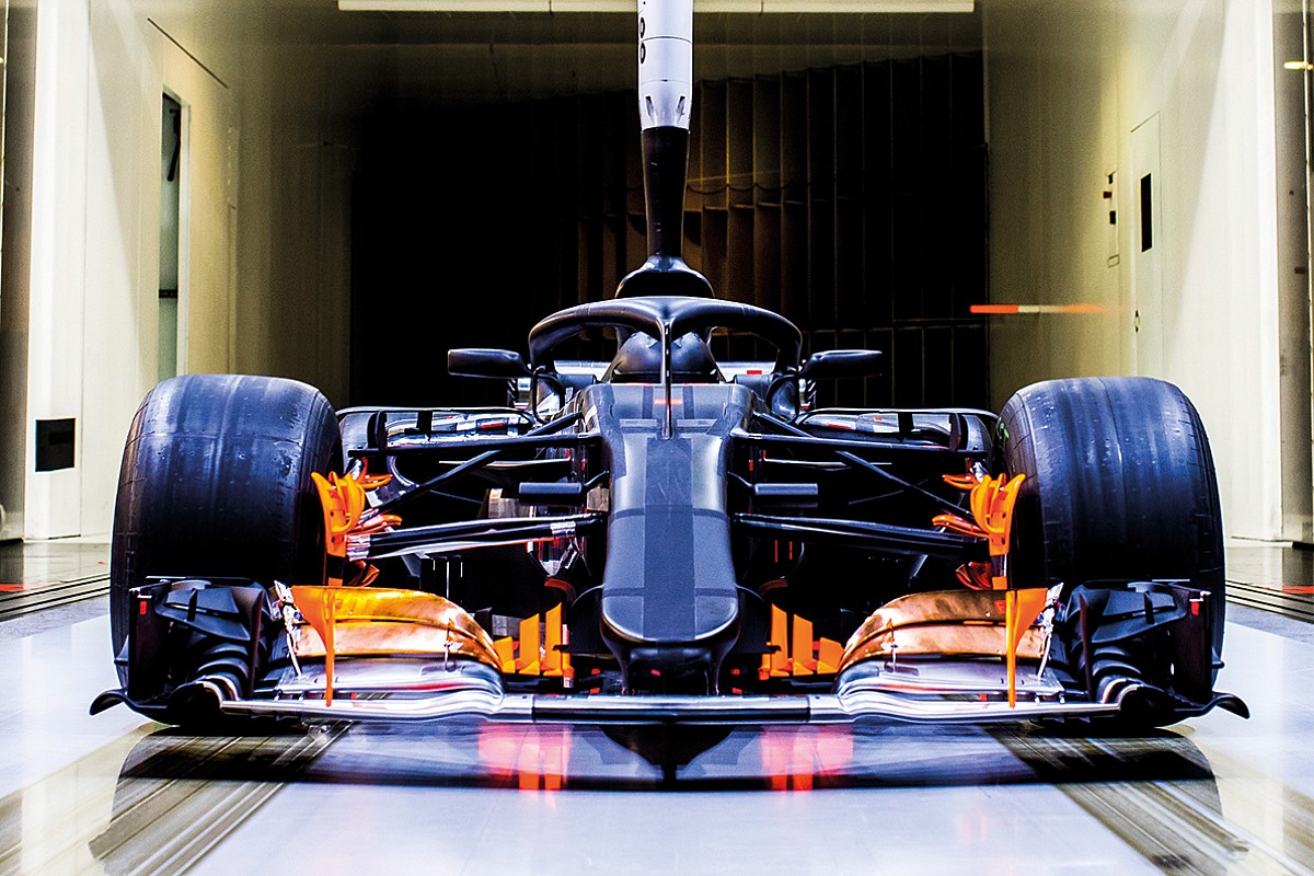 Formula One black and orange car front view