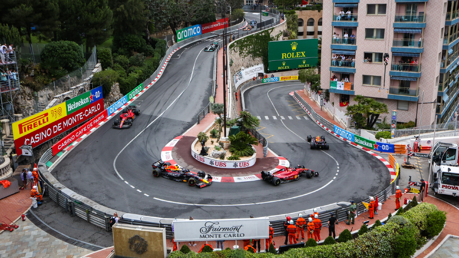 RedBull and Ferrari racing in Monaco